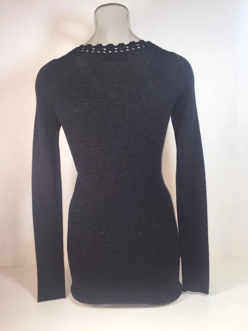 PRADA Lace Trim Neck Charcoal Knit Button Up Cardigan Size 40