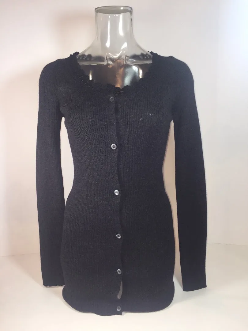 PRADA Lace Trim Neck Charcoal Knit Button Up Cardigan Size 40