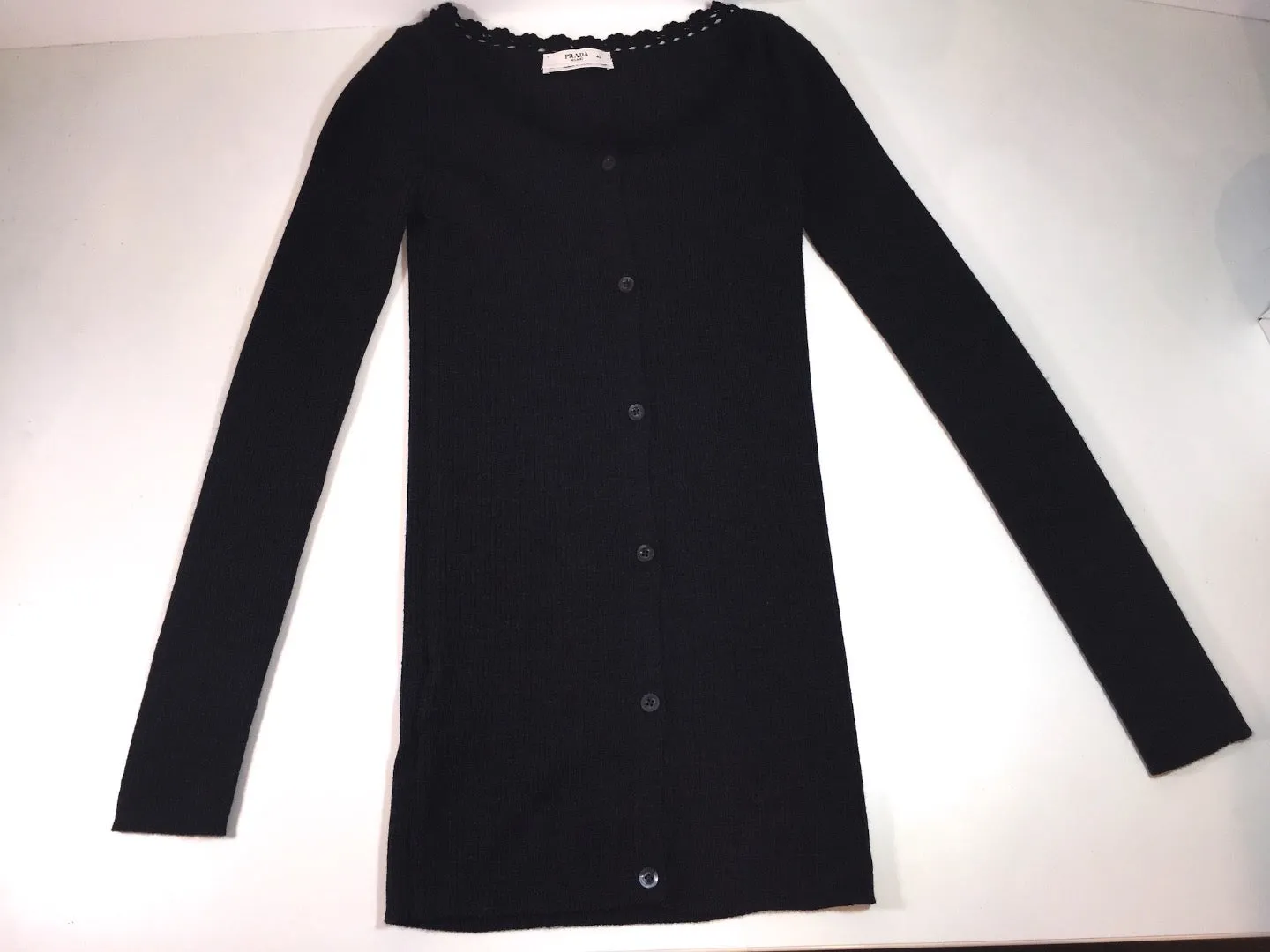 PRADA Lace Trim Neck Charcoal Knit Button Up Cardigan Size 40