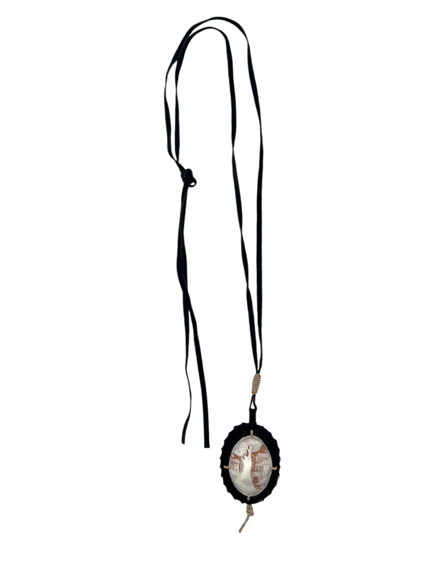 PRADA S/S 1994 Landscape Cameo Necklace with Long Suede Ties