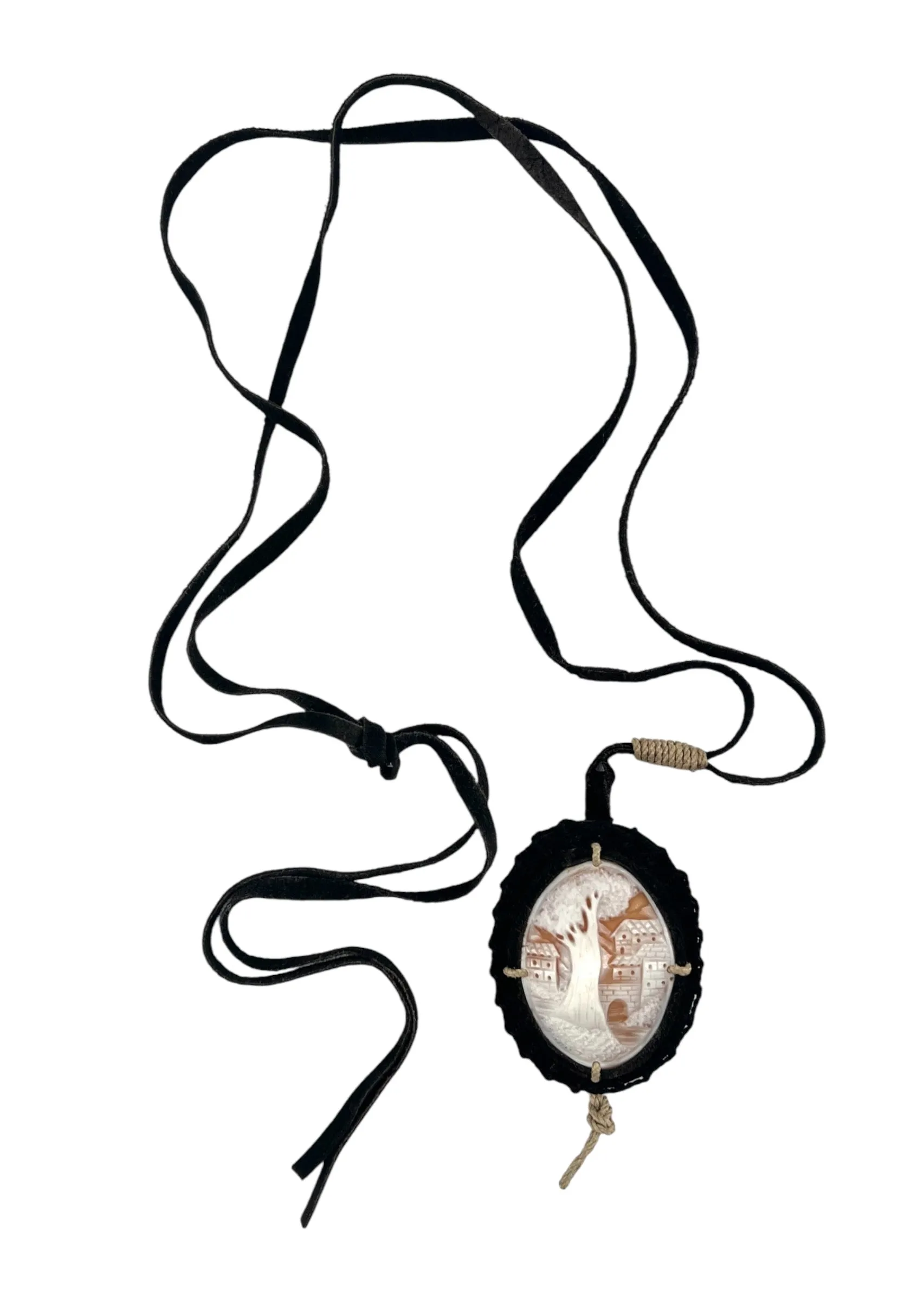 PRADA S/S 1994 Landscape Cameo Necklace with Long Suede Ties