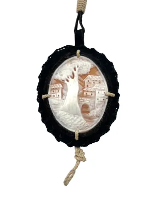 PRADA S/S 1994 Landscape Cameo Necklace with Long Suede Ties