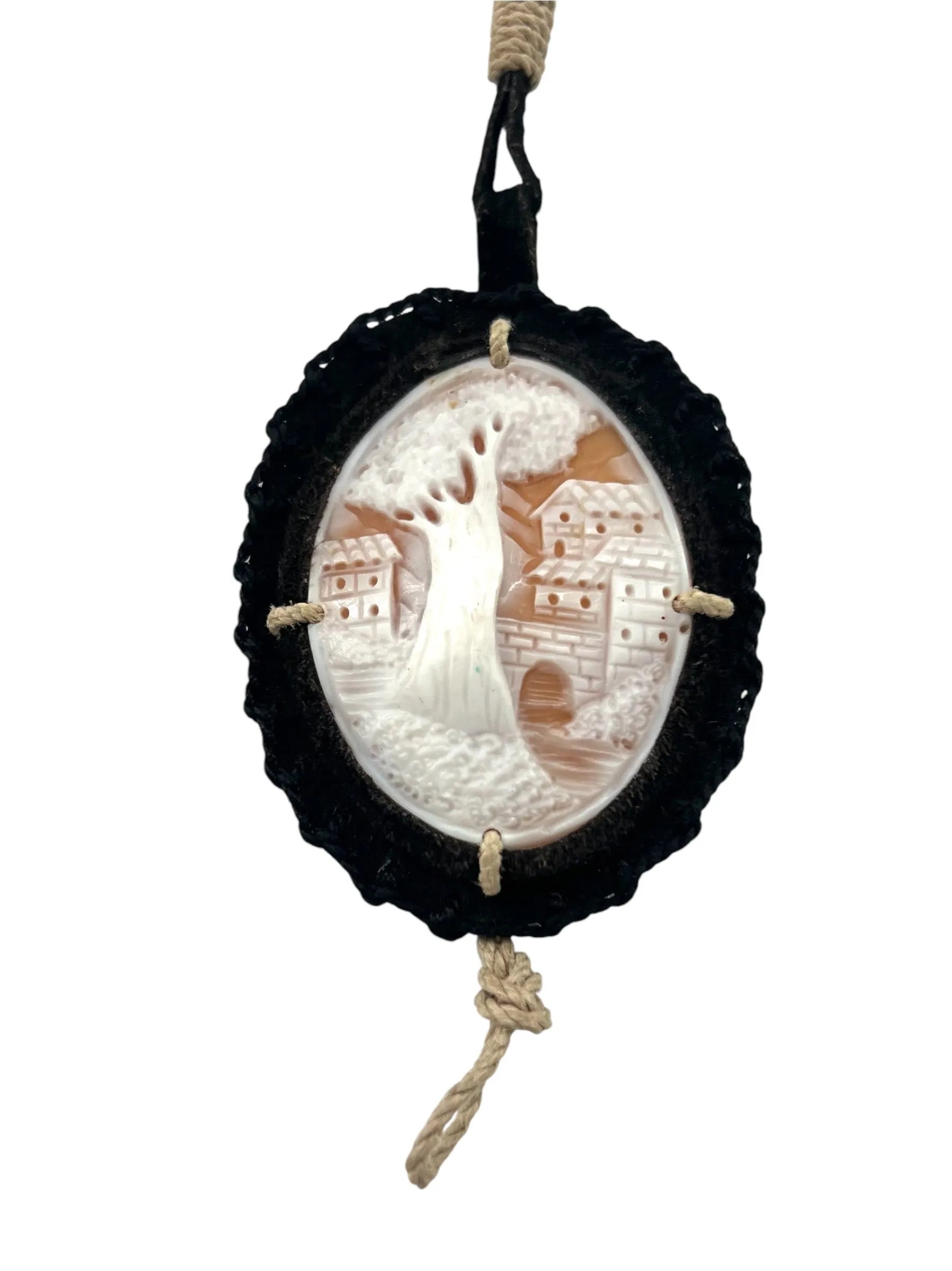PRADA S/S 1994 Landscape Cameo Necklace with Long Suede Ties