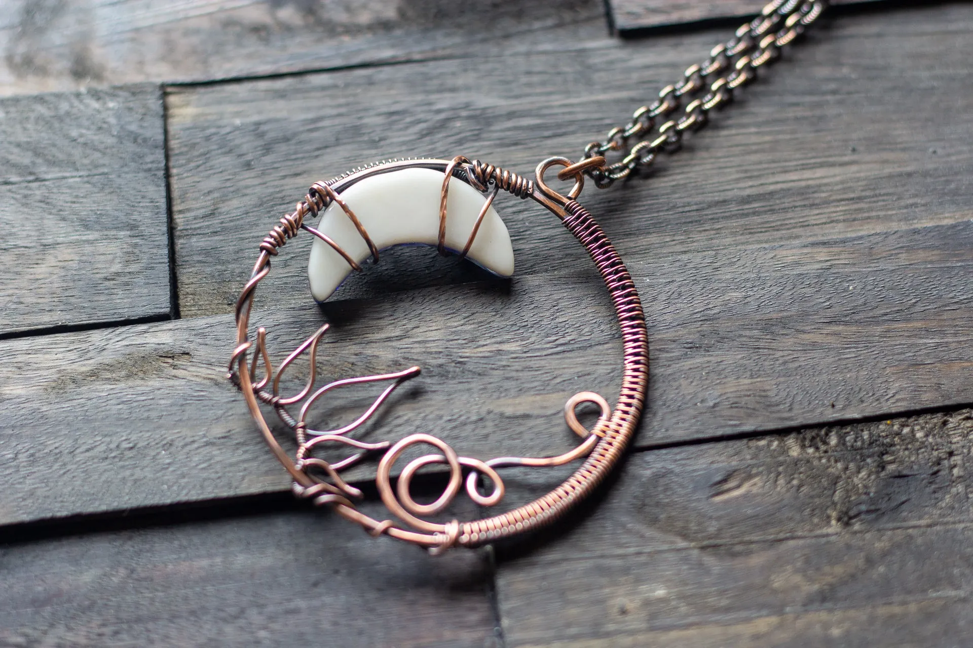 Purple and Blue Moon Pendant with Copper Wire Wrapping