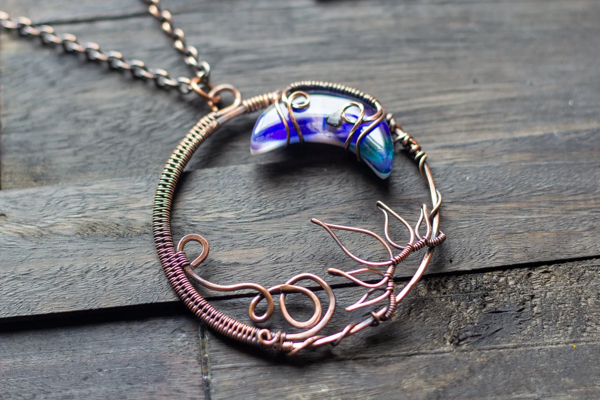 Purple and Blue Moon Pendant with Copper Wire Wrapping
