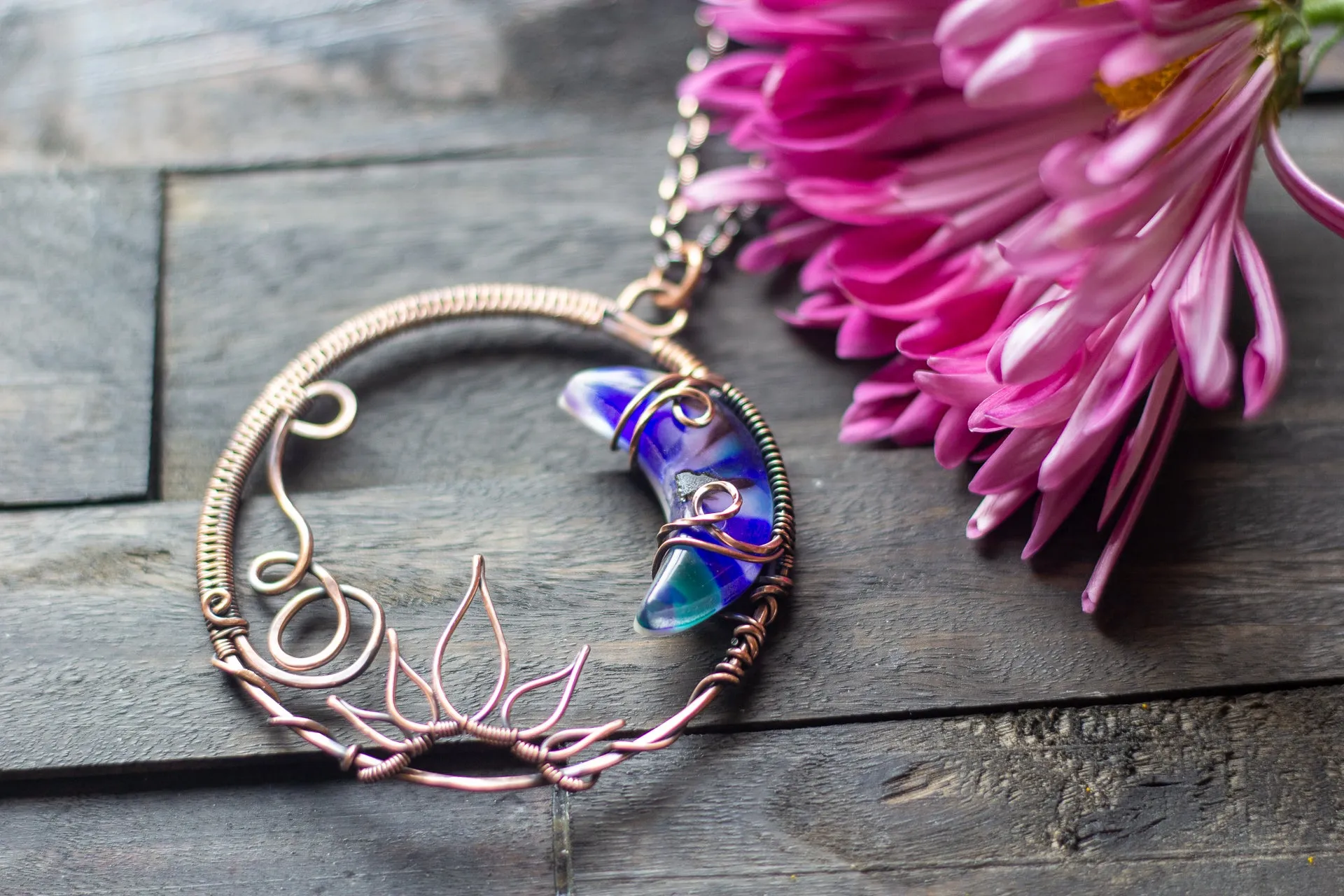 Purple and Blue Moon Pendant with Copper Wire Wrapping