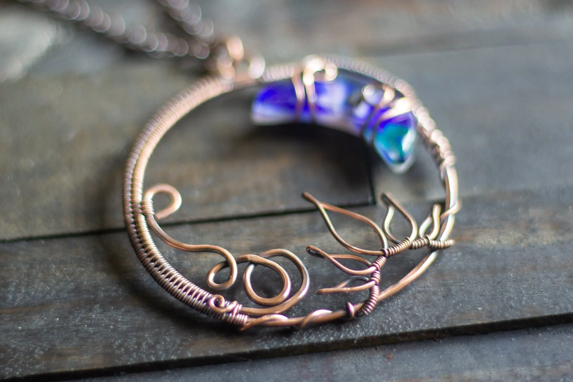 Purple and Blue Moon Pendant with Copper Wire Wrapping