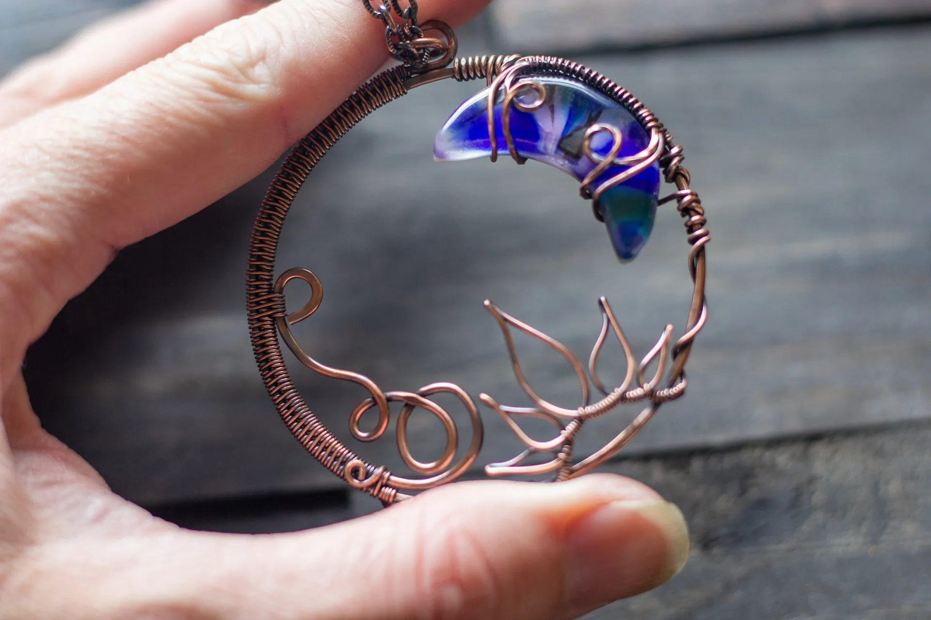 Purple and Blue Moon Pendant with Copper Wire Wrapping