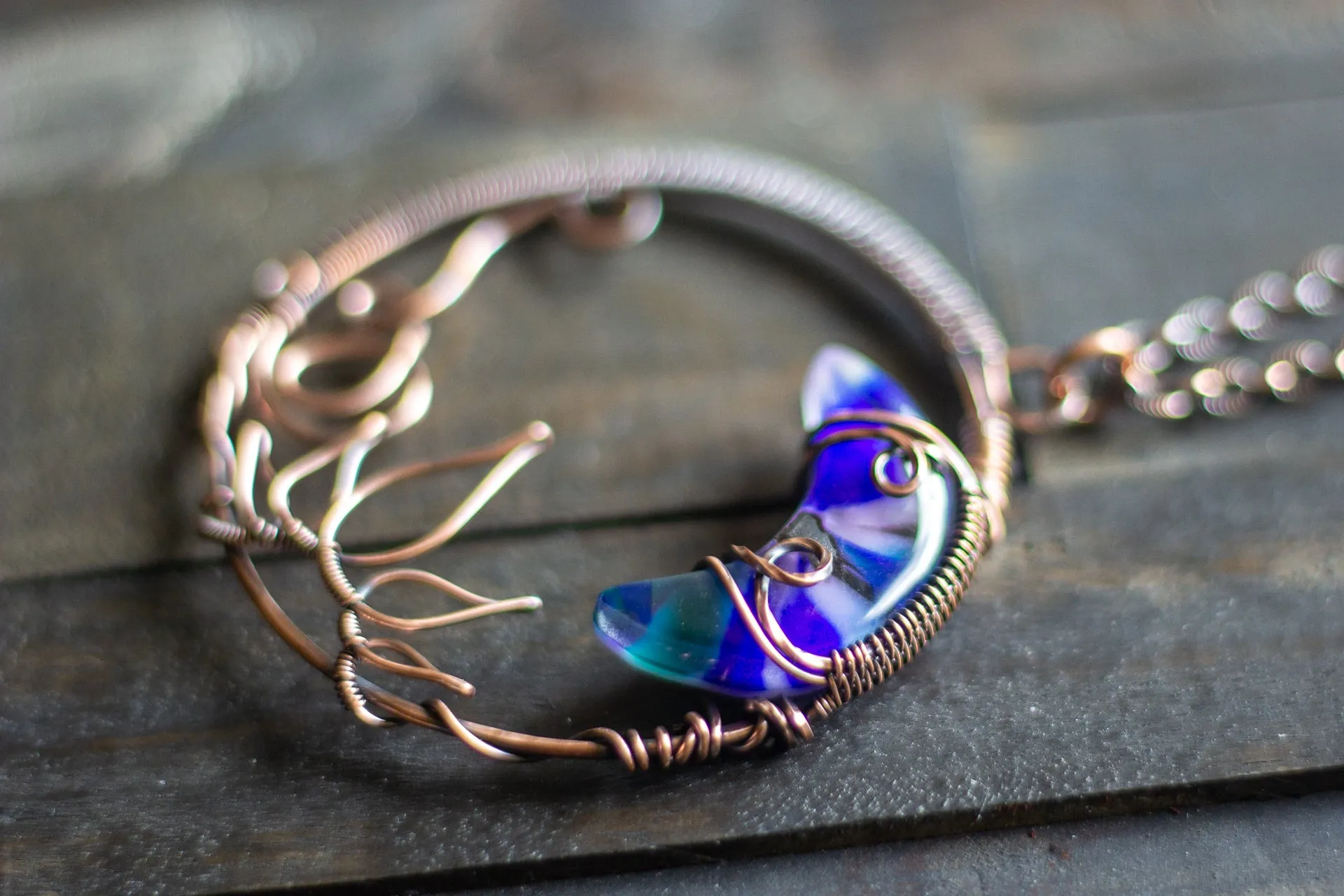 Purple and Blue Moon Pendant with Copper Wire Wrapping