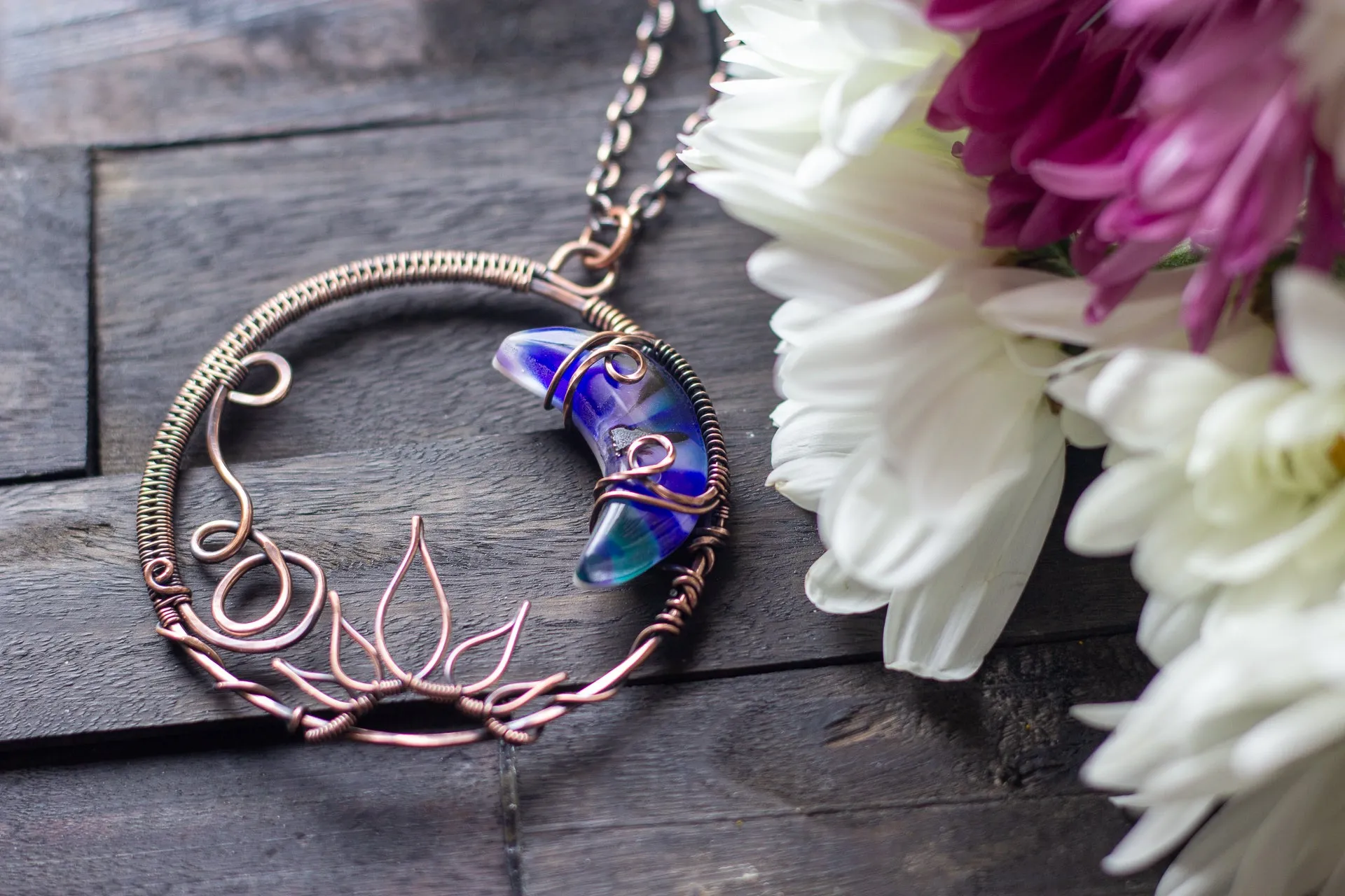 Purple and Blue Moon Pendant with Copper Wire Wrapping