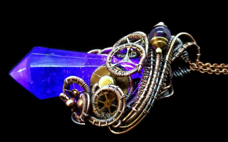 Purple Crystal Resin Gem LED Steampunk Pendant in Bronze