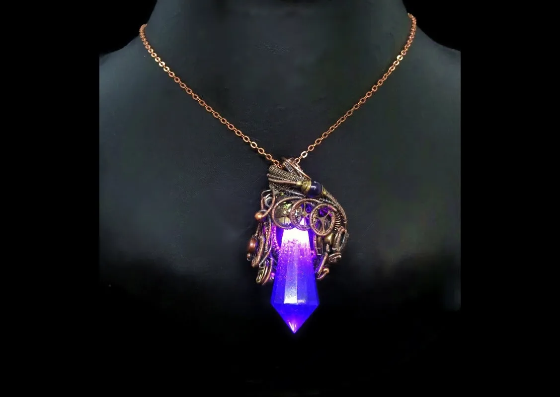 Purple Crystal Resin Gem LED Steampunk Pendant in Bronze