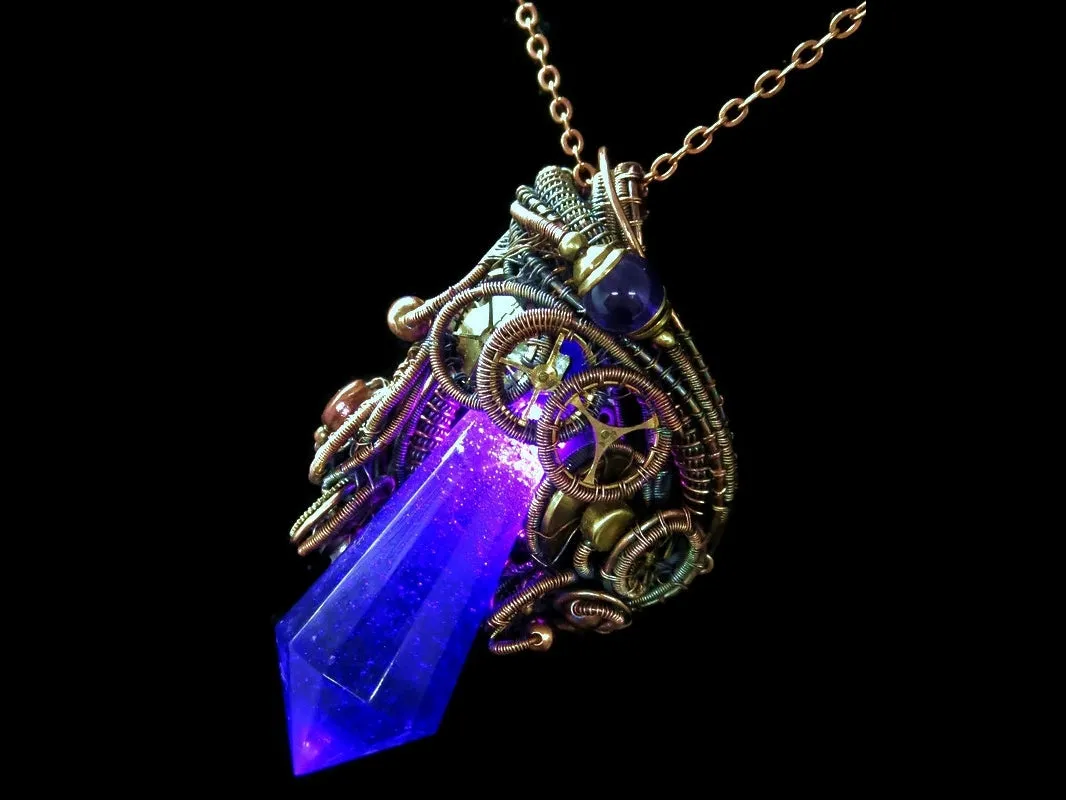 Purple Crystal Resin Gem LED Steampunk Pendant in Bronze