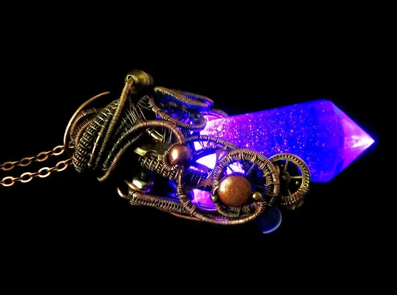 Purple Crystal Resin Gem LED Steampunk Pendant in Bronze