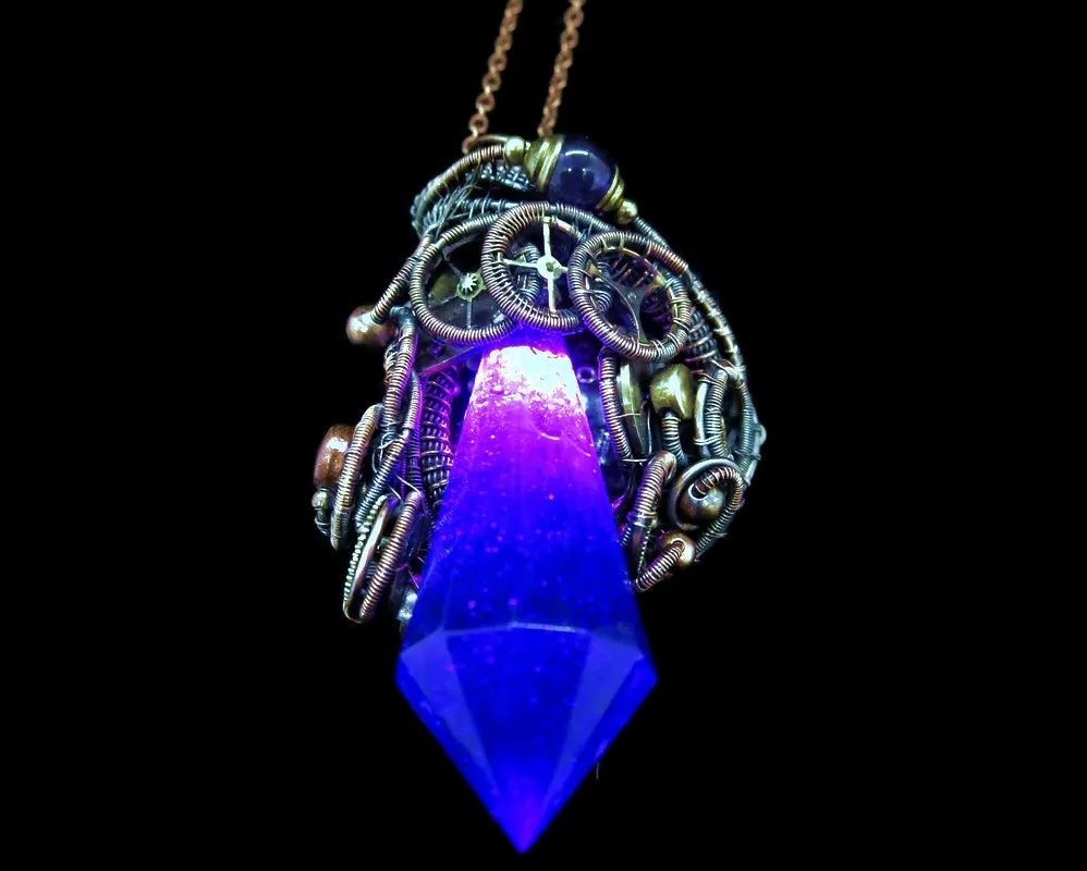 Purple Crystal Resin Gem LED Steampunk Pendant in Bronze