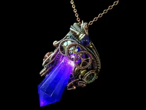 Purple Crystal Resin Gem LED Steampunk Pendant in Bronze