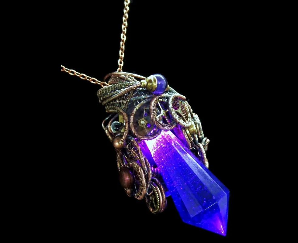 Purple Crystal Resin Gem LED Steampunk Pendant in Bronze