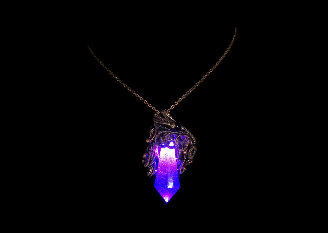 Purple Crystal Resin Gem LED Steampunk Pendant in Bronze
