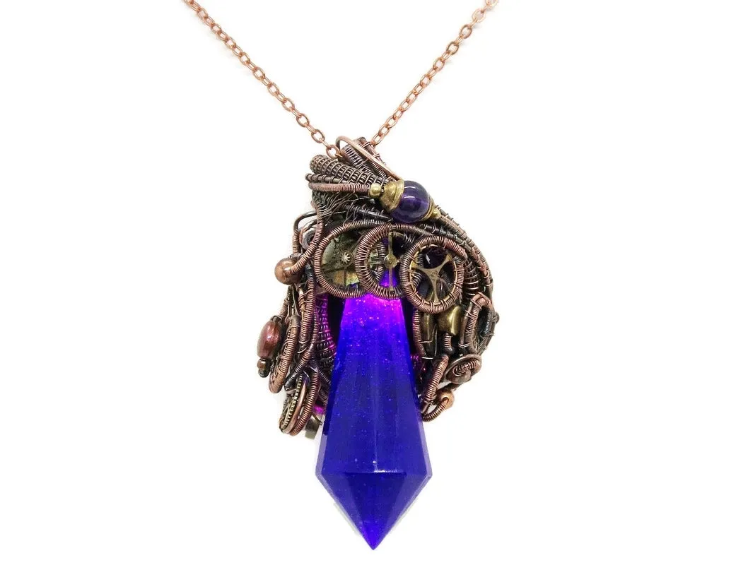 Purple Crystal Resin Gem LED Steampunk Pendant in Bronze
