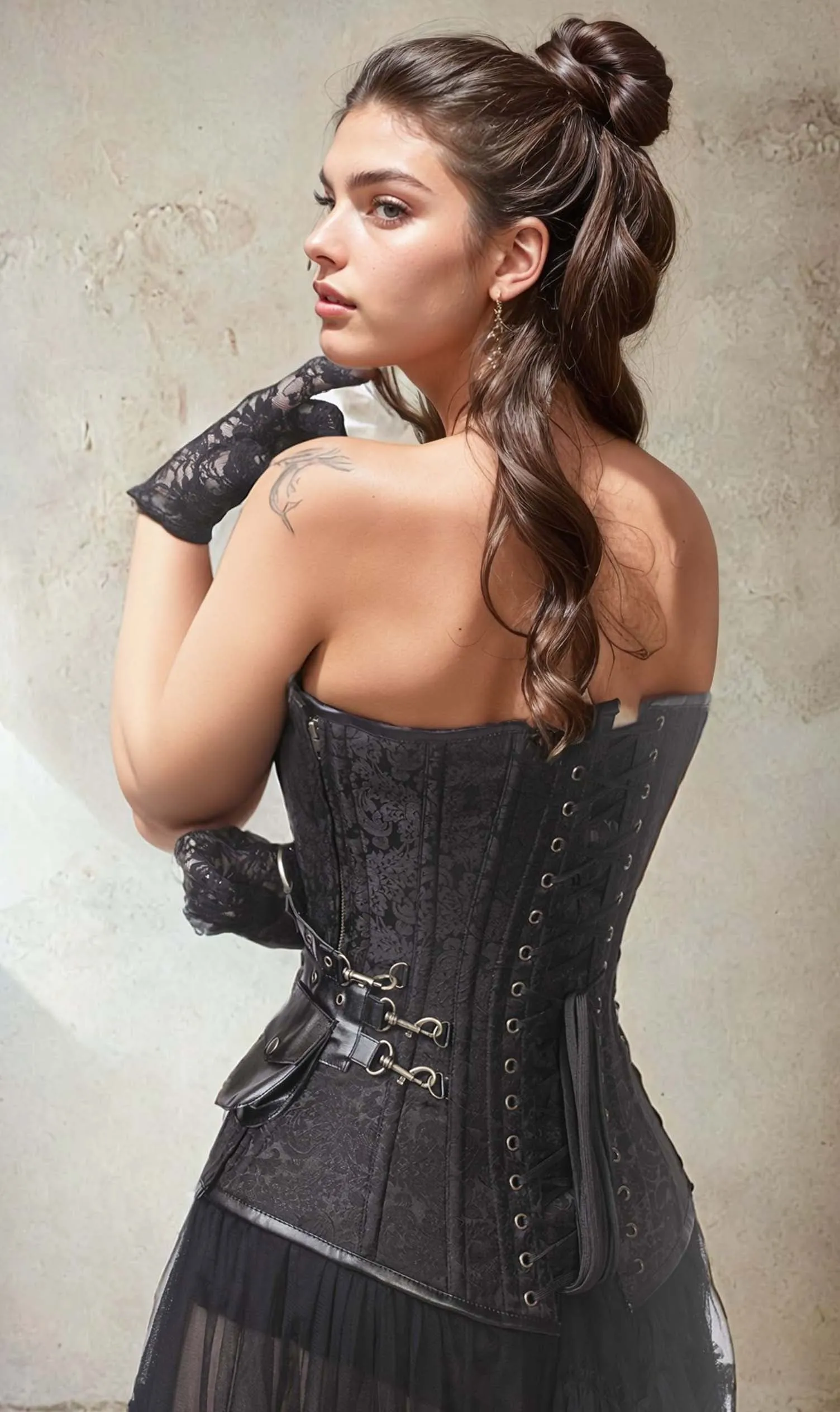 Renata Black Brocade Steampunk Corset with Shrug