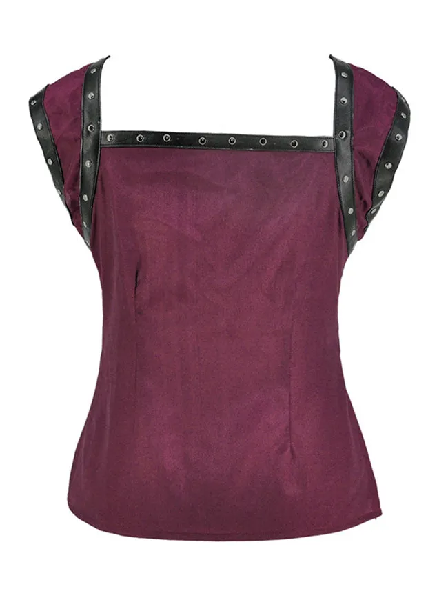 Retro Gothic Lace Up Sleeveless Patchwork Crepe Casual Blouse Top