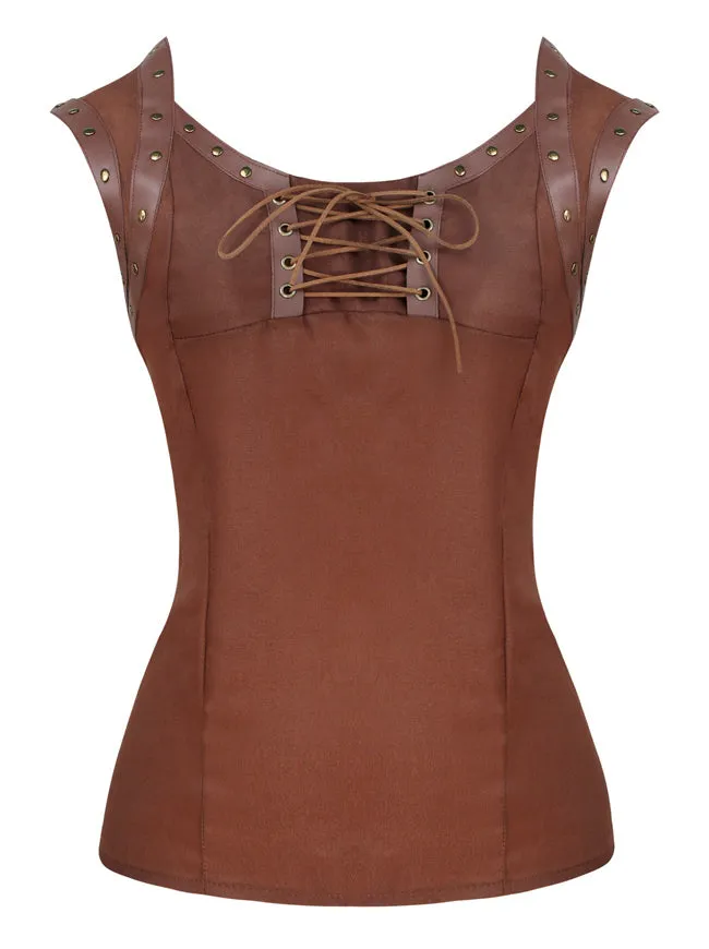 Retro Gothic Lace Up Sleeveless Patchwork Crepe Casual Blouse Top