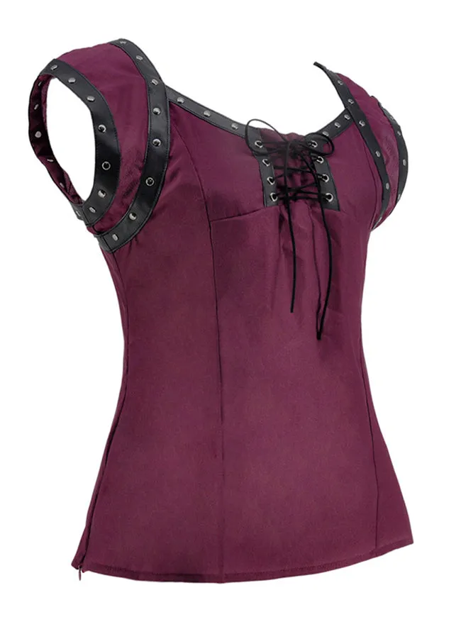 Retro Gothic Lace Up Sleeveless Patchwork Crepe Casual Blouse Top