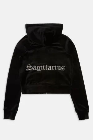 'SAGITTARIUS' BLACK DIAMANTÉ VELOUR ZIP-THROUGH HOODIE