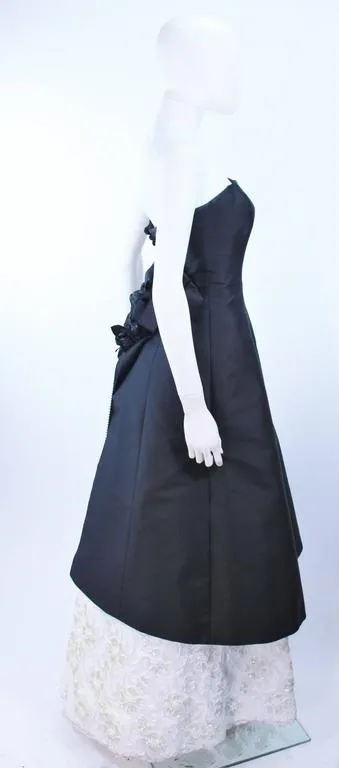 SAM CARLIN Black Silk Gown with White Sequin Lace Accents Size 6
