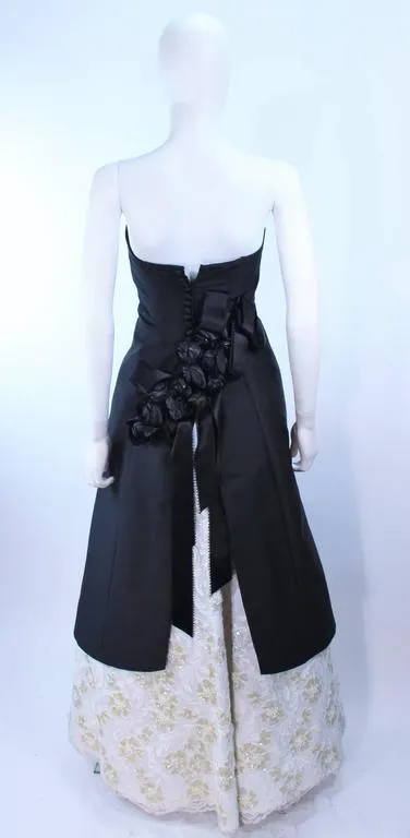SAM CARLIN Black Silk Gown with White Sequin Lace Accents Size 6