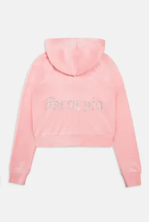 'SCORPIO' JUICY PINK DIAMANTÉ VELOUR ZIP-THROUGH HOODIE