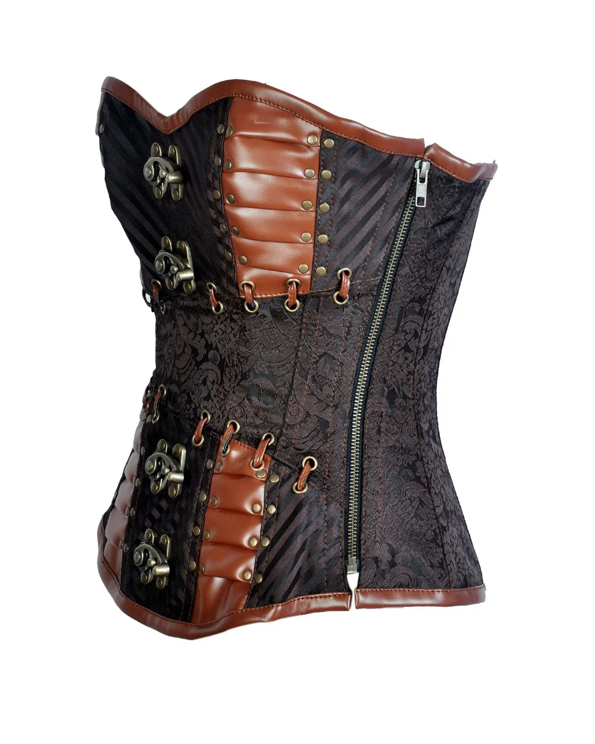 Serry Coffee Brocade & Faux Leather Steampunk Corset