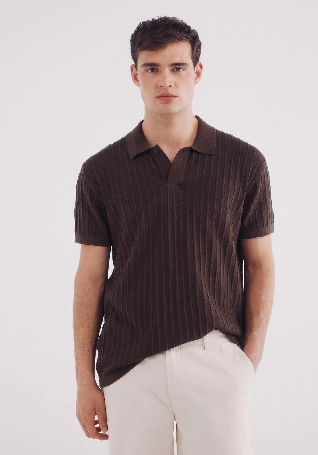 Short Sleeve Jumper With A Polo Shirt-Style Neck - Brown