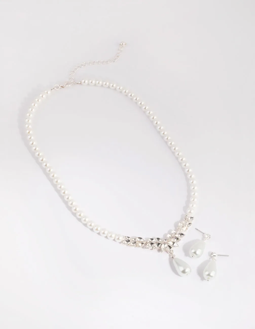 Silver Teardrop Pearl Necklace & Earrings Set