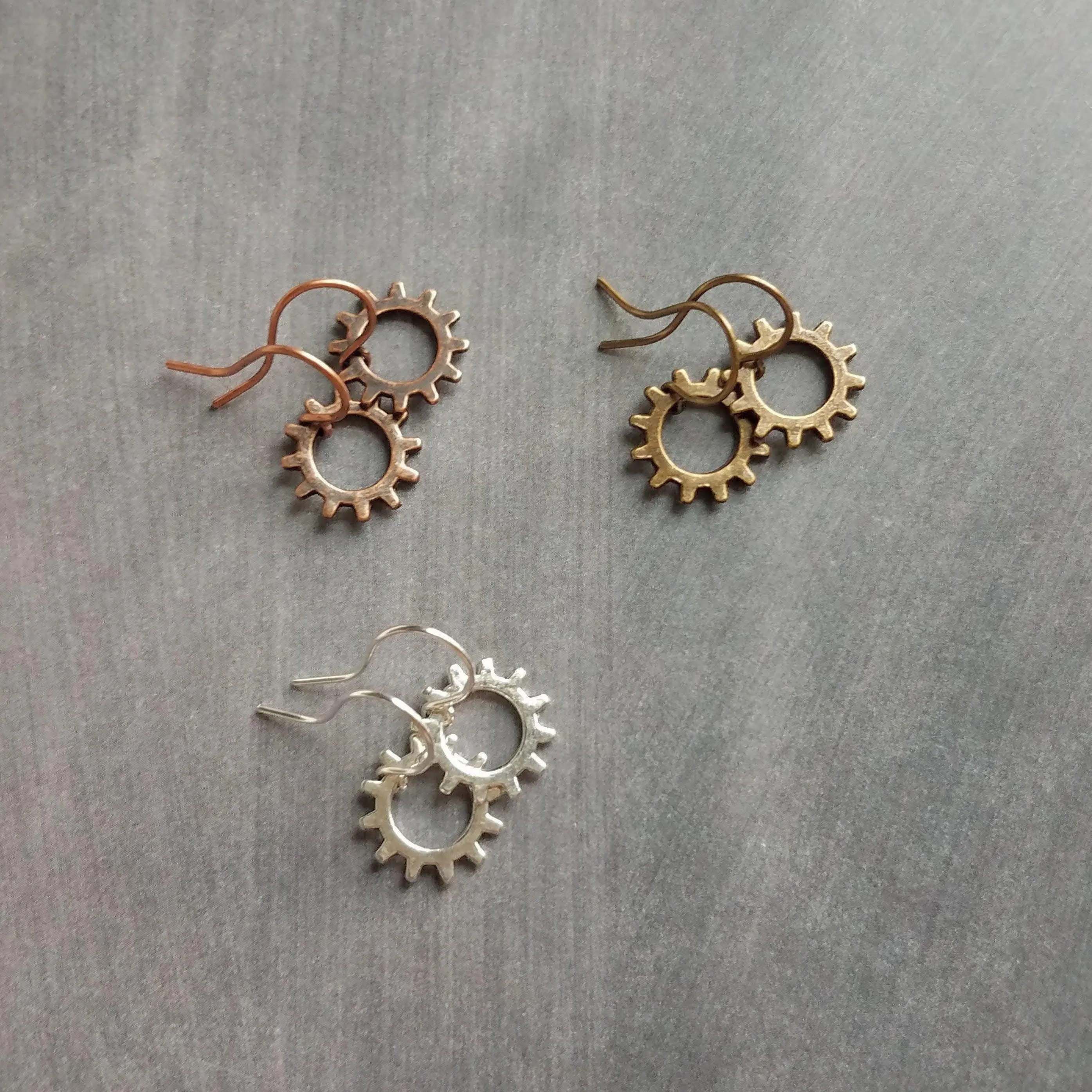 Small Gear Earrings, bronze gear, silver gear, copper gear earring, antique brass earring, little gear earring, tiny gear earring, simple