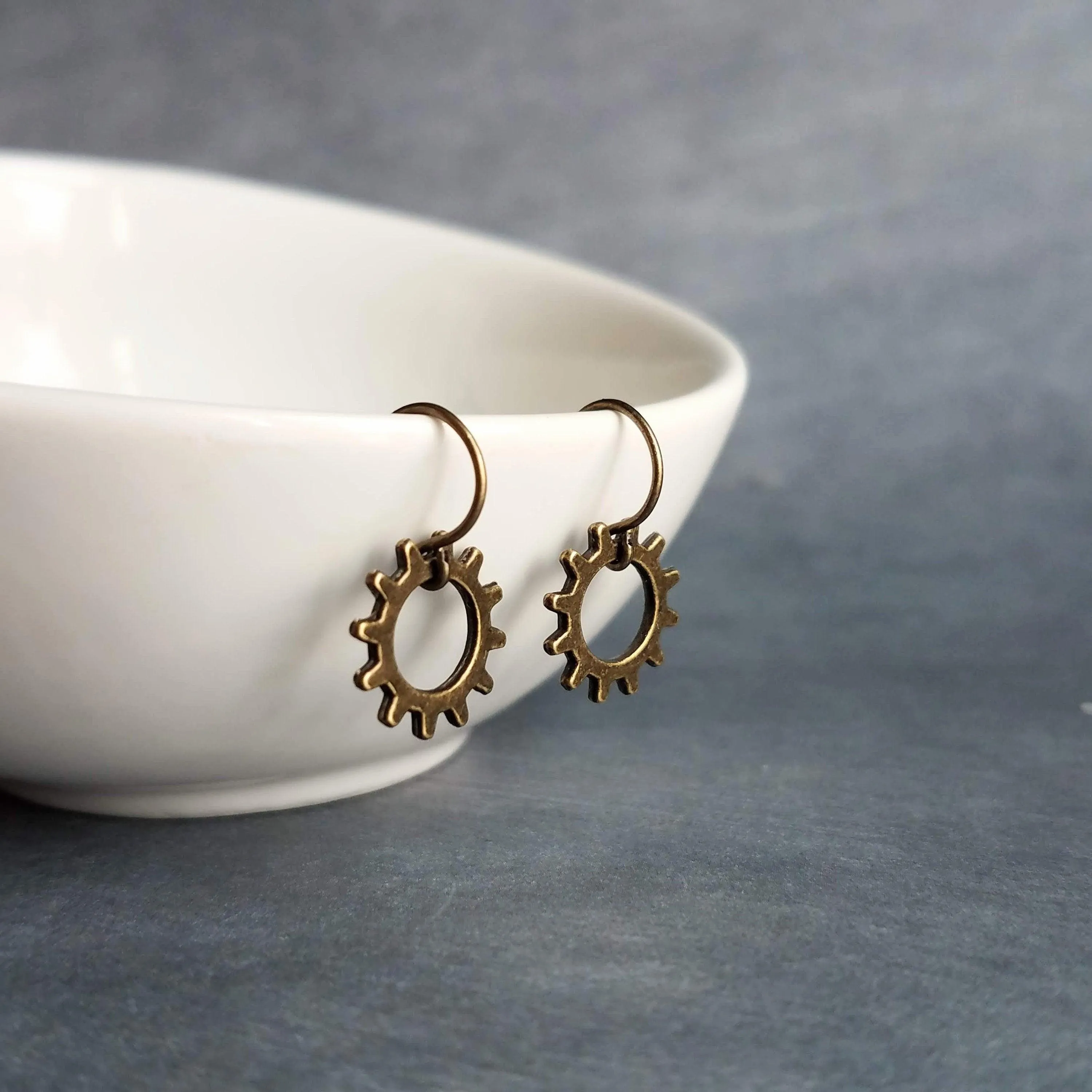 Small Gear Earrings, bronze gear, silver gear, copper gear earring, antique brass earring, little gear earring, tiny gear earring, simple