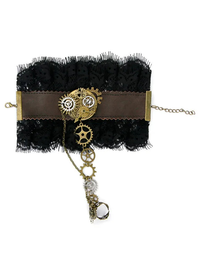 Steampunk Gothic Accessories Gear Leather Lace Wristband Bracelet with Ring