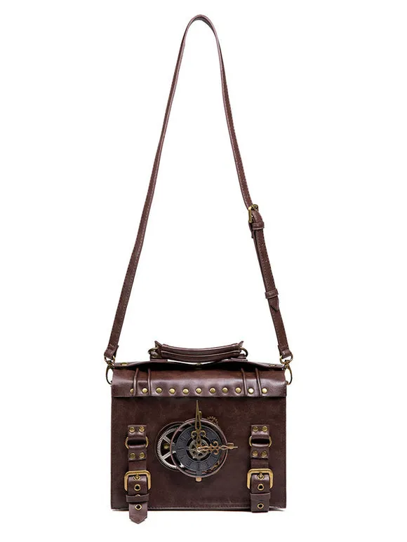 Steampunk Lolita Bag Coffee Brown PU Leather Rivets Metal Details Cross-body Bag Lolita Accessories