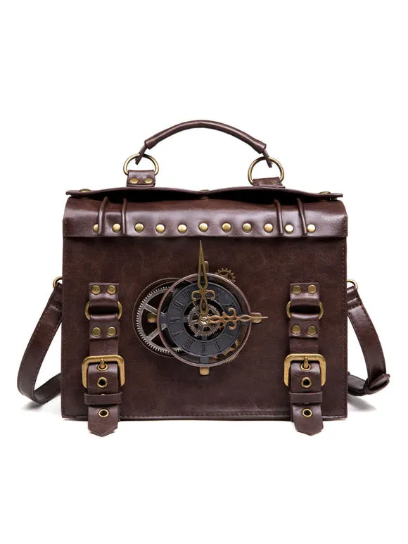 Steampunk Lolita Bag Coffee Brown PU Leather Rivets Metal Details Cross-body Bag Lolita Accessories