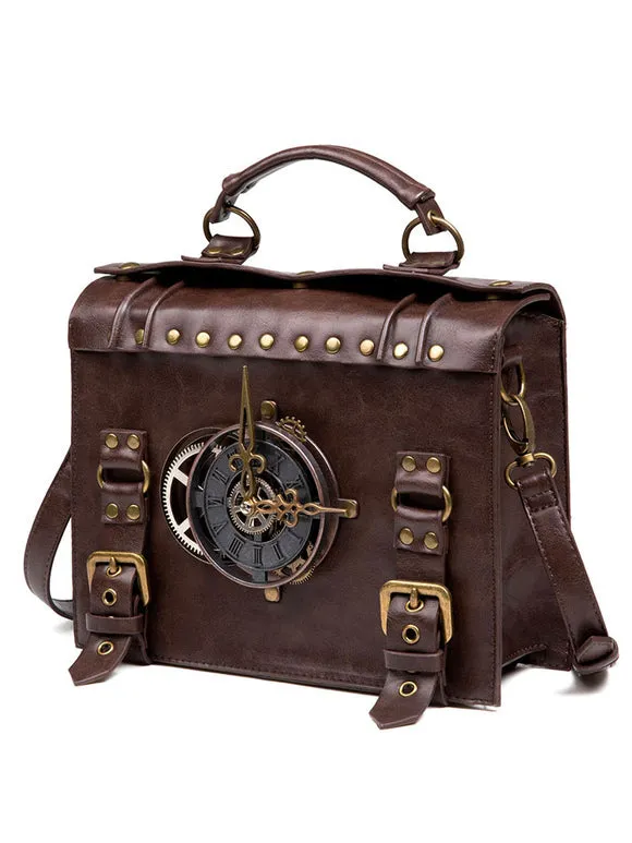 Steampunk Lolita Bag Coffee Brown PU Leather Rivets Metal Details Cross-body Bag Lolita Accessories