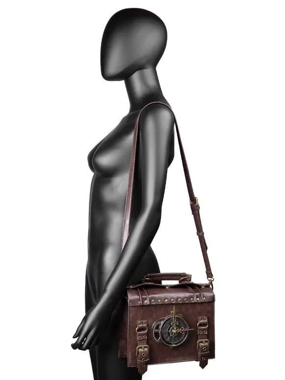 Steampunk Lolita Bag Coffee Brown PU Leather Rivets Metal Details Cross-body Bag Lolita Accessories