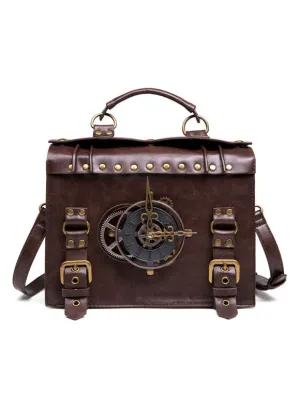 Steampunk Lolita Bag Coffee Brown PU Leather Rivets Metal Details Cross-body Bag Lolita Accessories