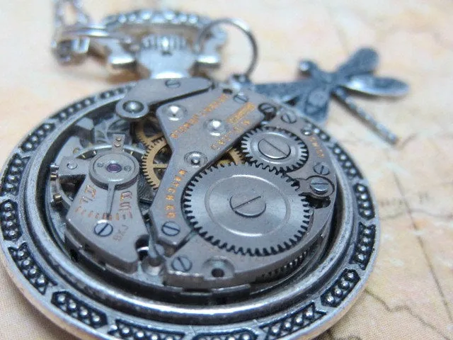 STeampunk pocket watch necklace - Dragonfly - Steampunk Necklace - Repurposed Art