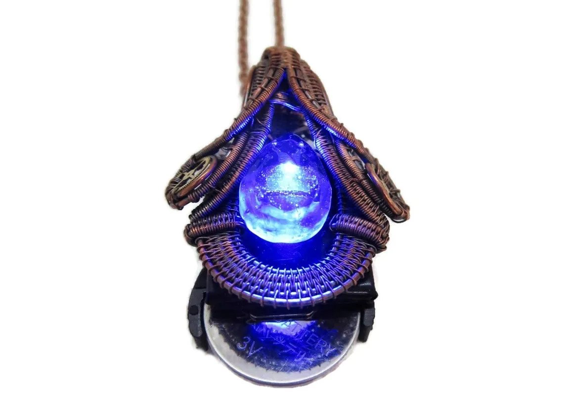 Steampunk Resin Gem Pendant with LED in Deep Blue, Wire-Wrapped in Bronze