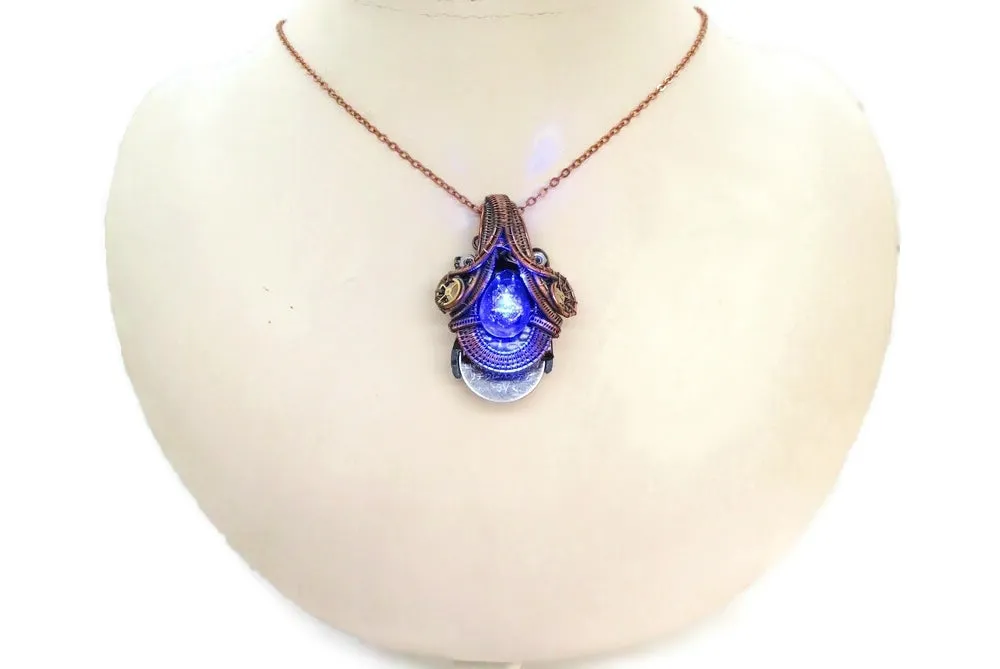 Steampunk Resin Gem Pendant with LED in Deep Blue, Wire-Wrapped in Bronze