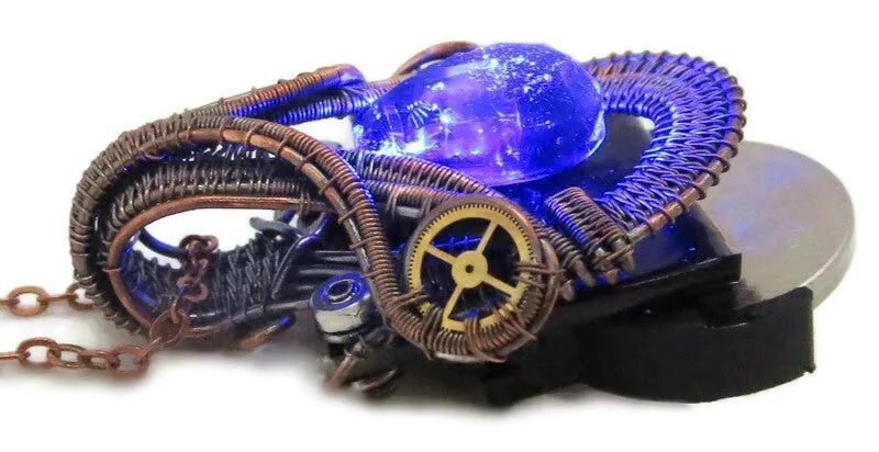 Steampunk Resin Gem Pendant with LED in Deep Blue, Wire-Wrapped in Bronze