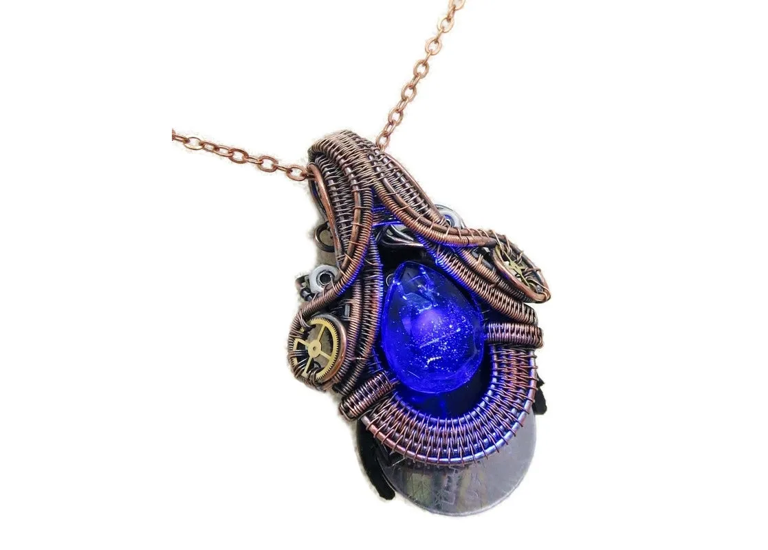 Steampunk Resin Gem Pendant with LED in Deep Blue, Wire-Wrapped in Bronze