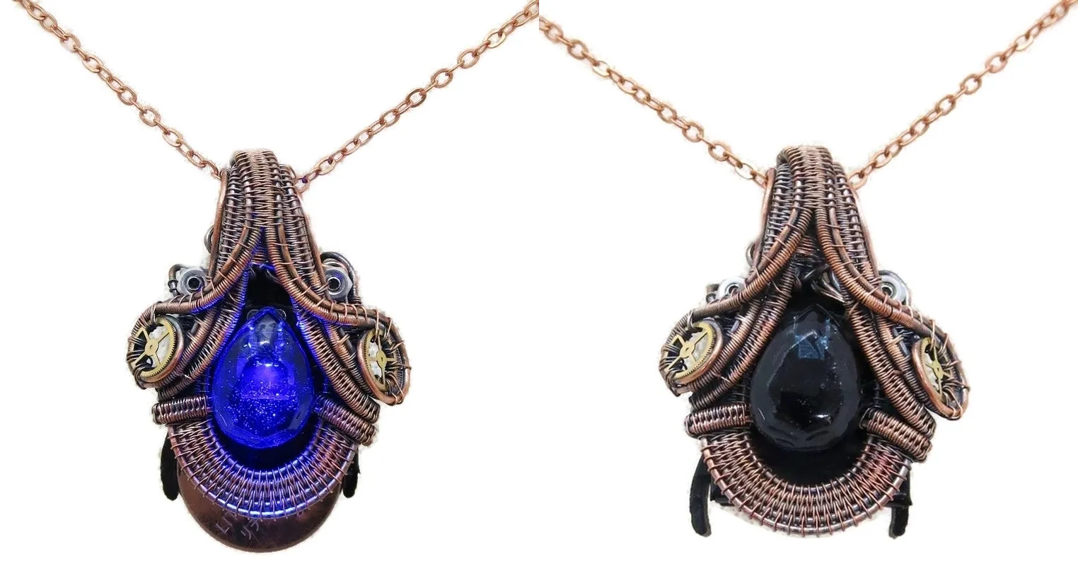 Steampunk Resin Gem Pendant with LED in Deep Blue, Wire-Wrapped in Bronze