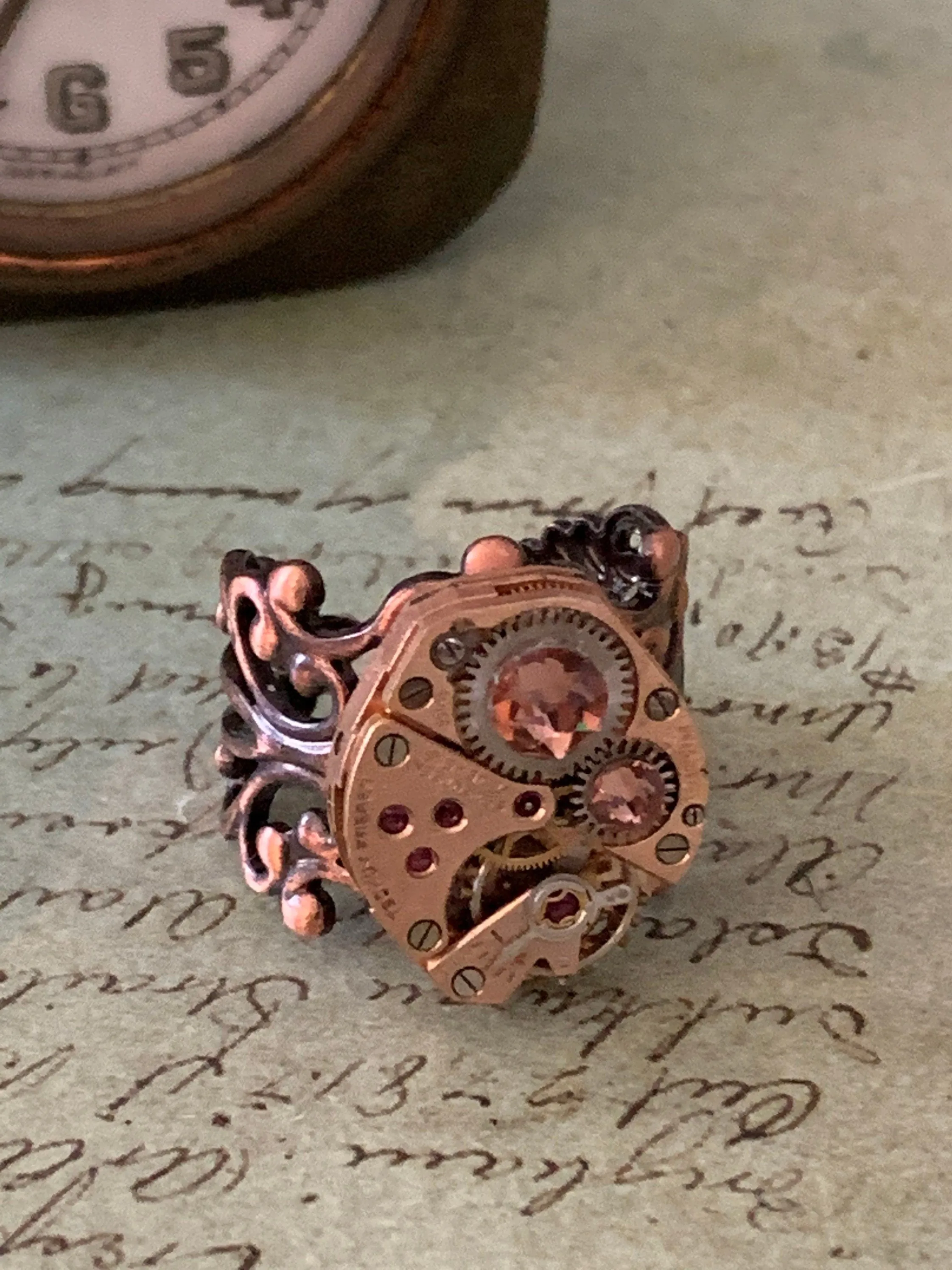 Steampunk Ring - Repurposed recycled beautiful timepiece rose gold watch movement ring red copper adjustable gift for her