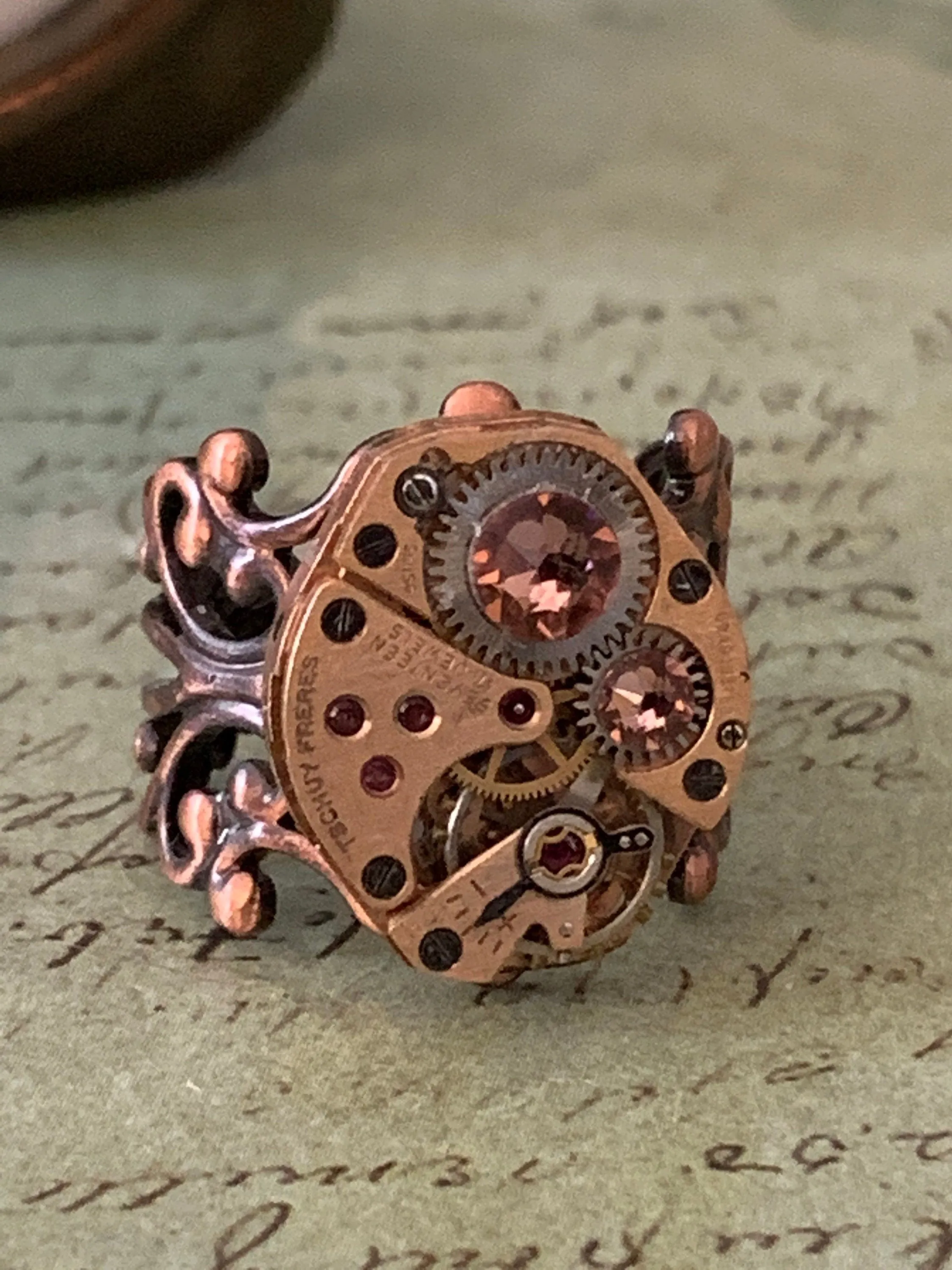 Steampunk Ring - Repurposed recycled beautiful timepiece rose gold watch movement ring red copper adjustable gift for her